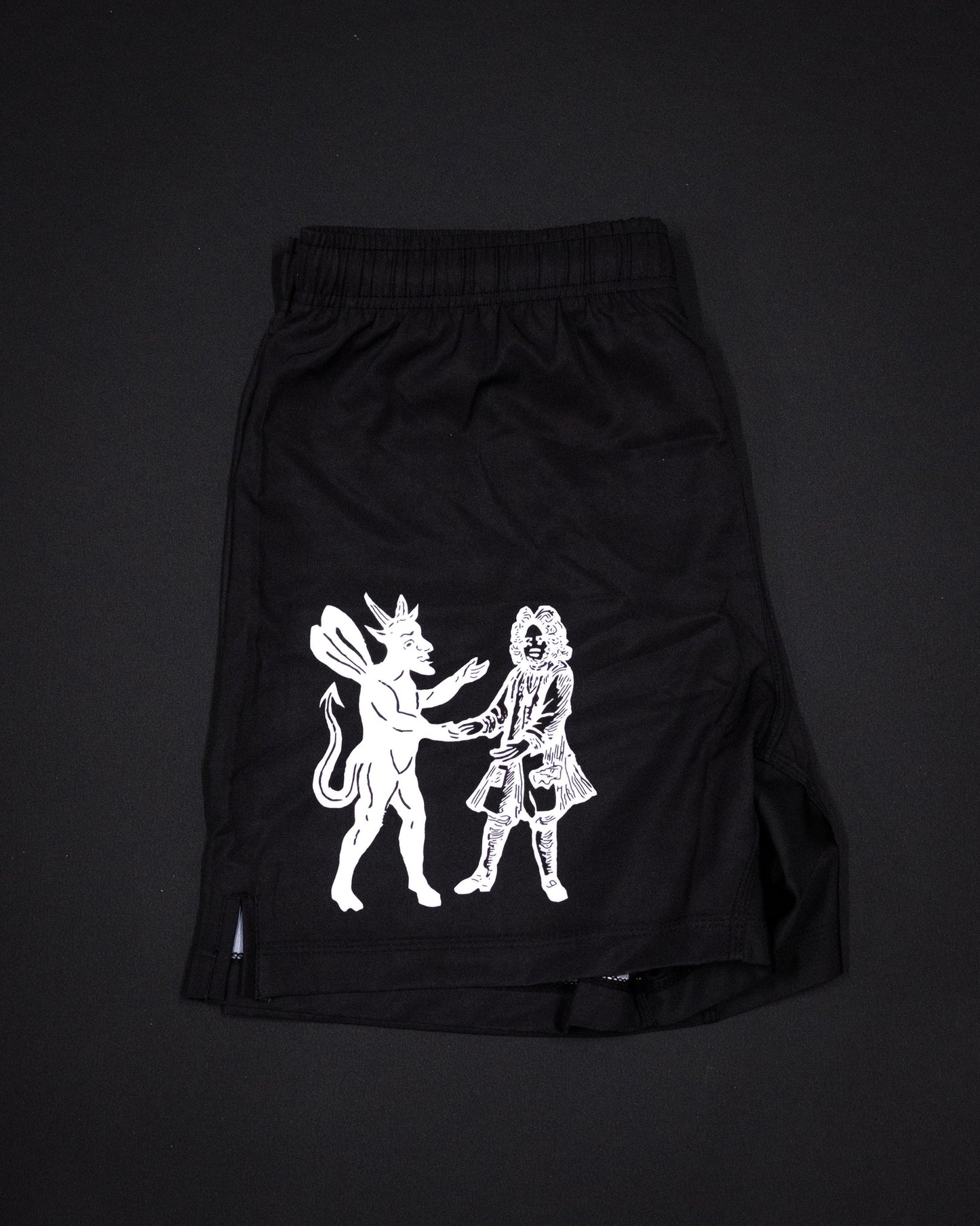 Meeting with the Devil Jiu Jitsu shorts by Reap Jiu Jitsu, premium grappling shorts for martial arts, BJJ, and combat sports training. Bold, unique design combining performance, durability, and style for Jiu Jitsu enthusiasts.