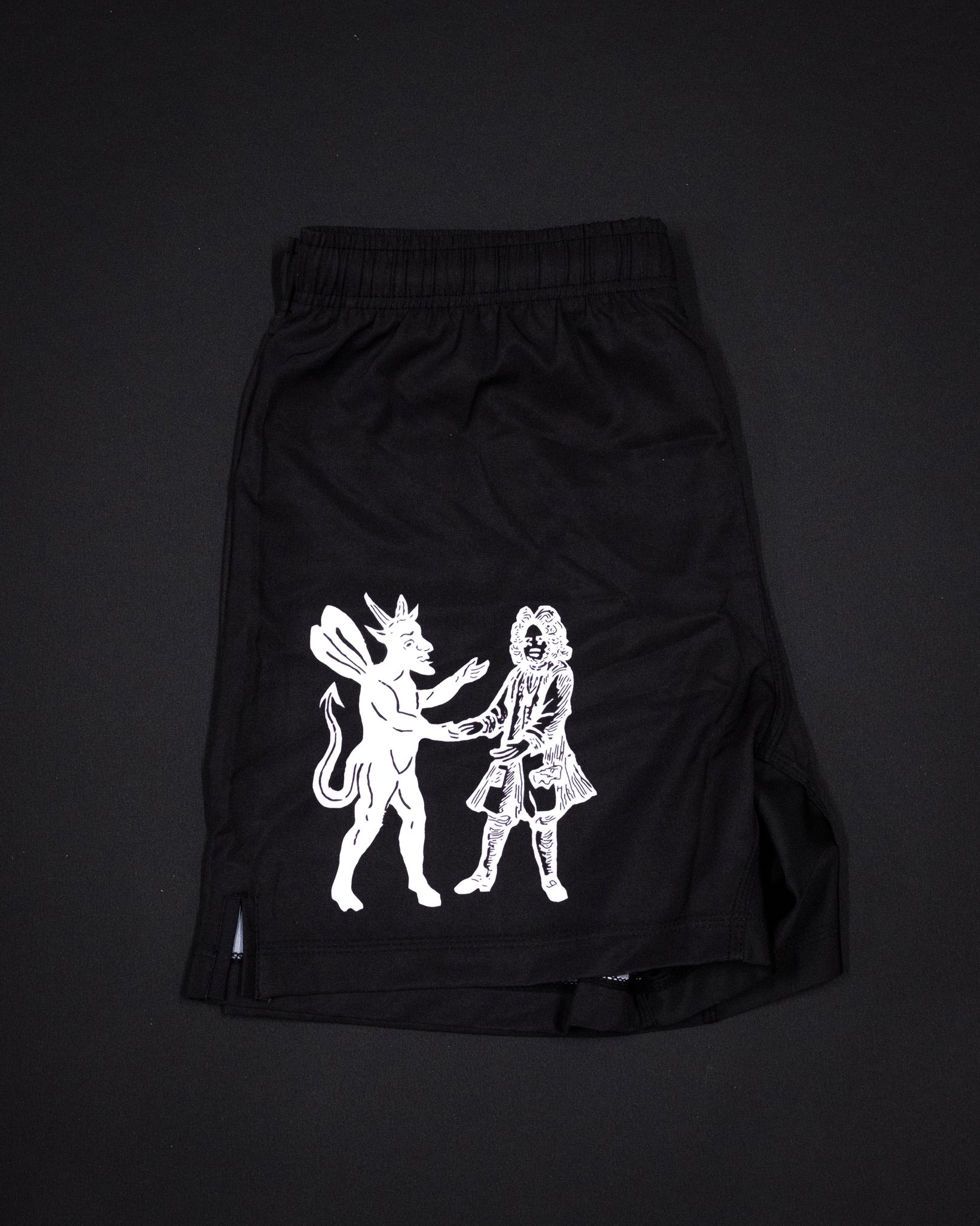 Meeting with the Devil Jiu Jitsu shorts by Reap Jiu Jitsu, premium grappling shorts for martial arts, BJJ, and combat sports training. Bold, unique design combining performance, durability, and style for Jiu Jitsu enthusiasts.