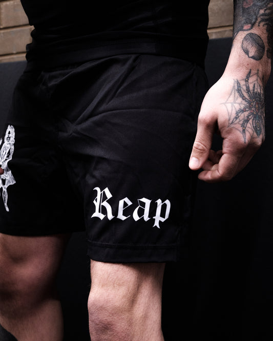 Meeting with the Devil Jiu Jitsu shorts by Reap Jiu Jitsu, premium grappling shorts for martial arts, BJJ, and combat sports training. Bold, unique design combining performance, durability, and style for Jiu Jitsu enthusiasts.