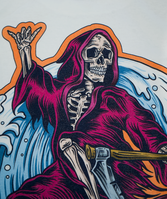 Skeletal figure in a red hood with a sword, surrounded by orange and blue elements.