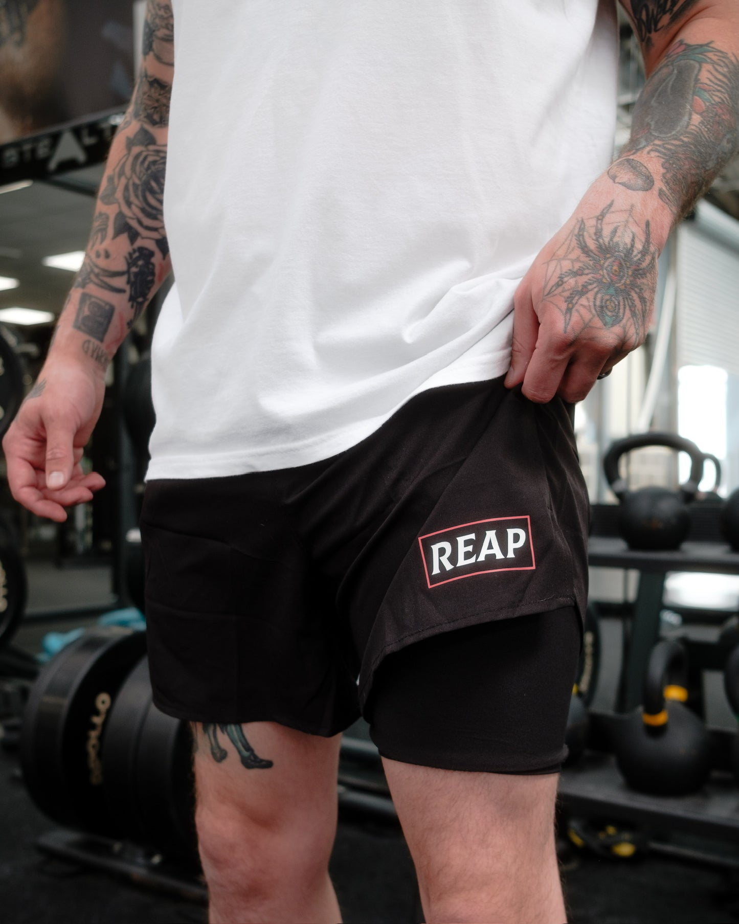 black reap gym shorts with zip pockets