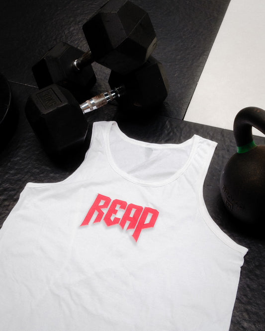 White Jiu Jitsu workout vest from Reap Jiu Jitsu, featuring a sleek design for active individuals. Ideal for martial arts training and fitness activities.