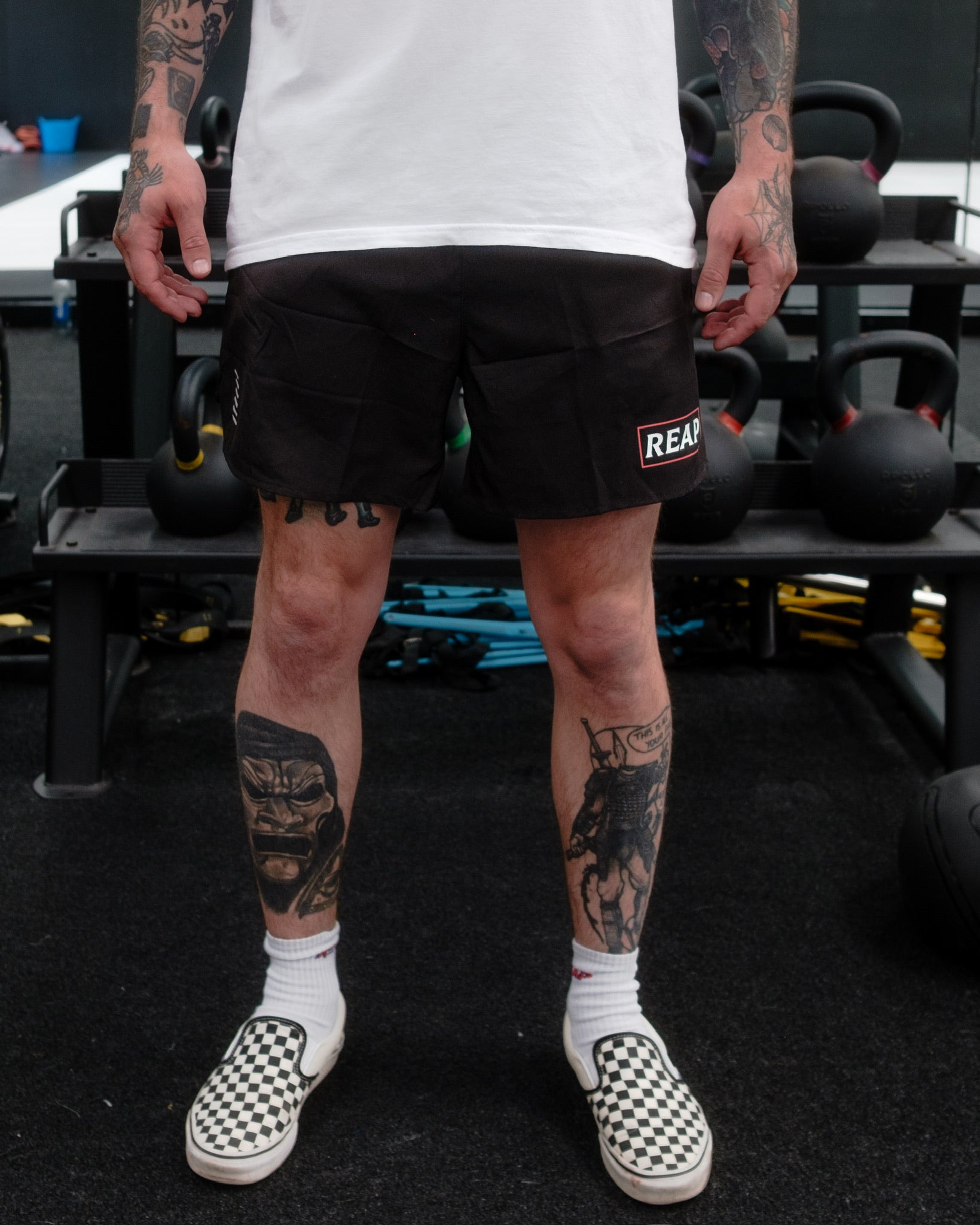 black reap gym shorts with zip pockets
