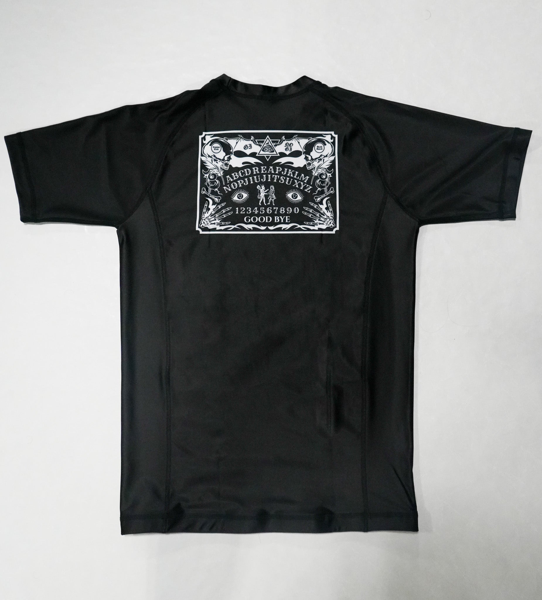 Black t-shirt with a white graphic design on a white background