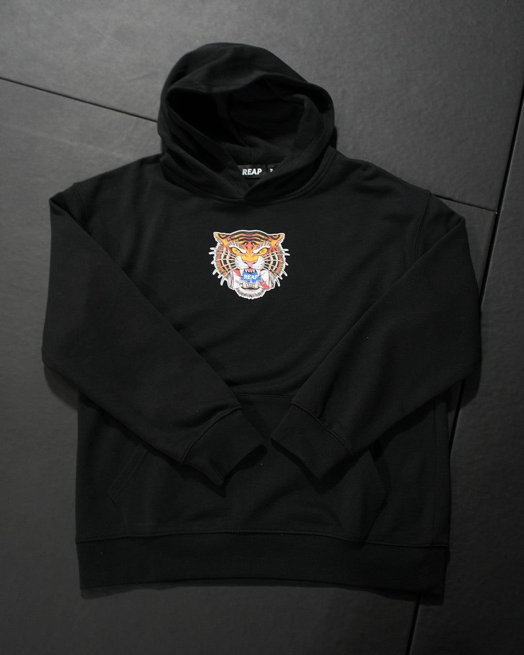 Black Tiger Training Hoody by Reap Jiu Jitsu, heavyweight black pullover, view 3