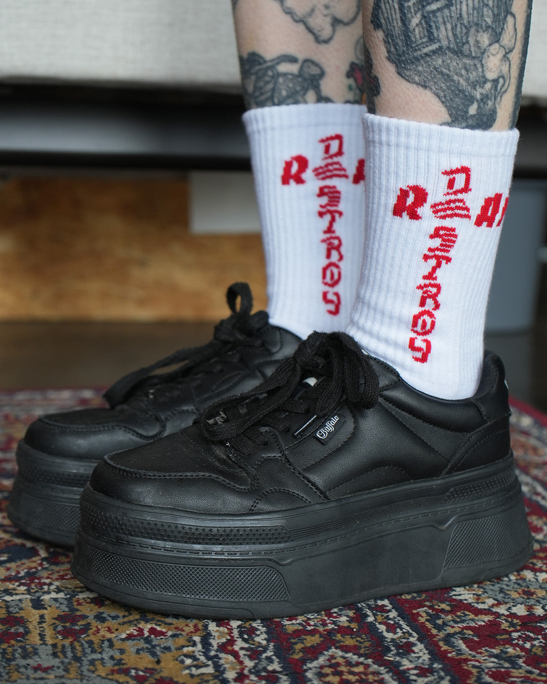 Reap and Destroy red print white jiu jitsu socks, worn, view 2