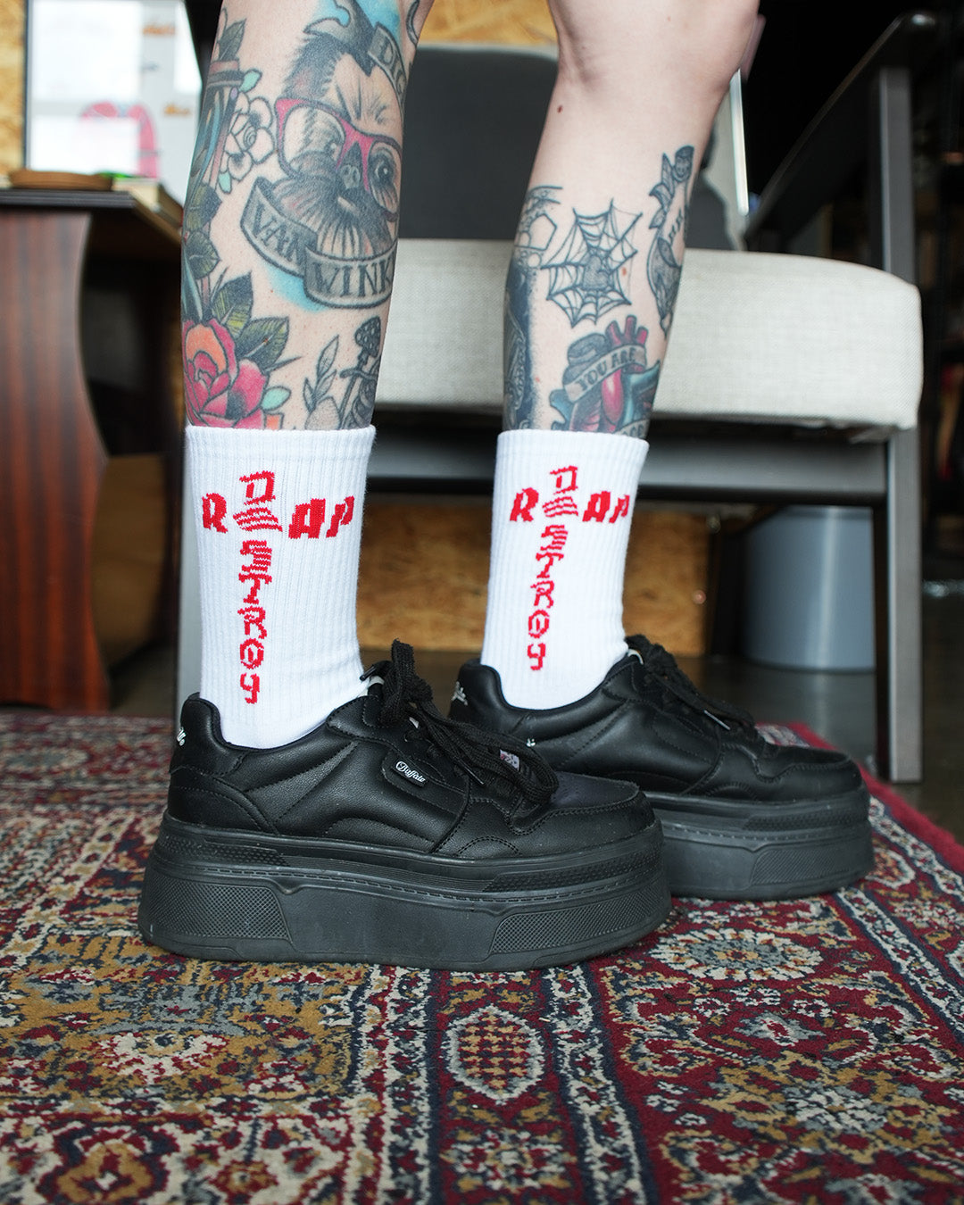 Reap and Destroy red print white jiu jitsu socks, worn, view 3